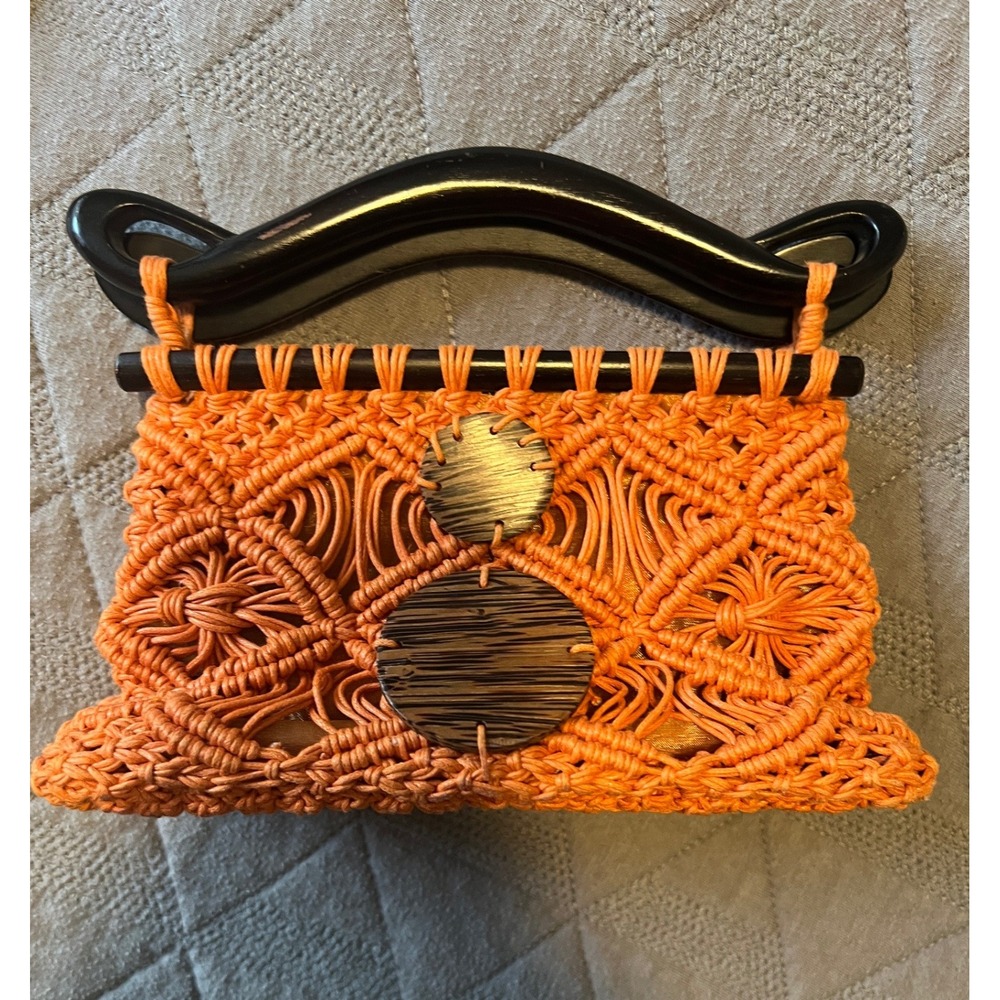 Max Studio Macrame Handbag Womens Small Orange Pre-owned Wood Handle Boho